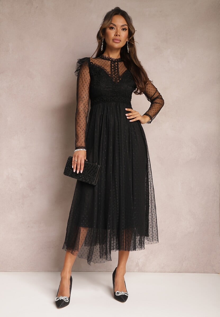 Czarna Sukienka z Koronką i Tiulem Welvia