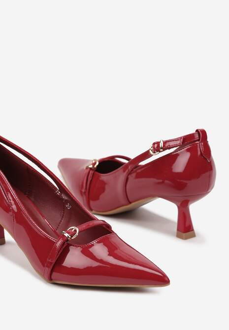 Bordowe Lakierowane Czółenka na Obcasie Stiletto z Ozdobnymi Paskami na Klamerki Rexilyn