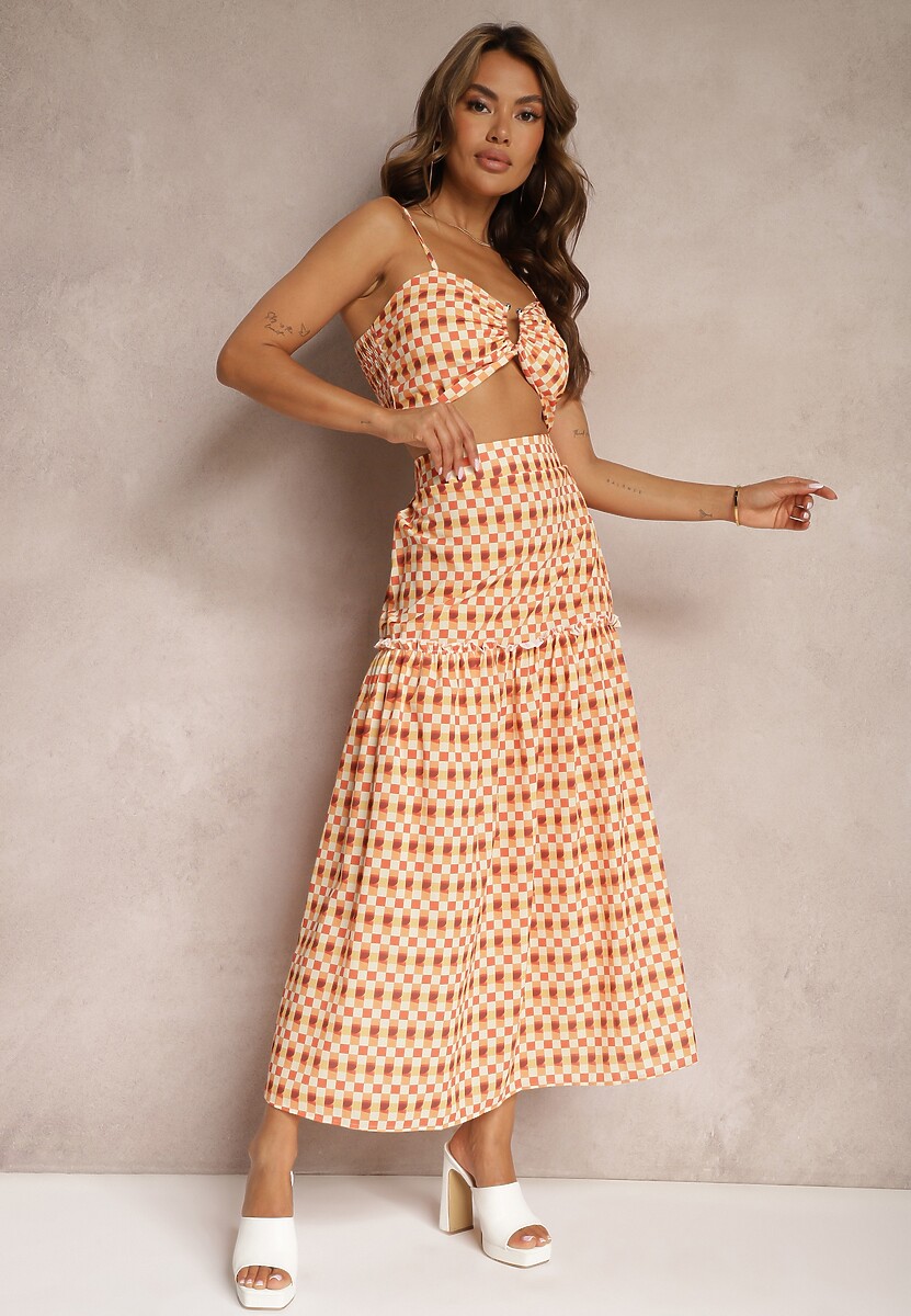 Zielony 2-częściowy Komplet Rozkloszowana Spódnica z Gumką w Pasie i Krótki Top Janai