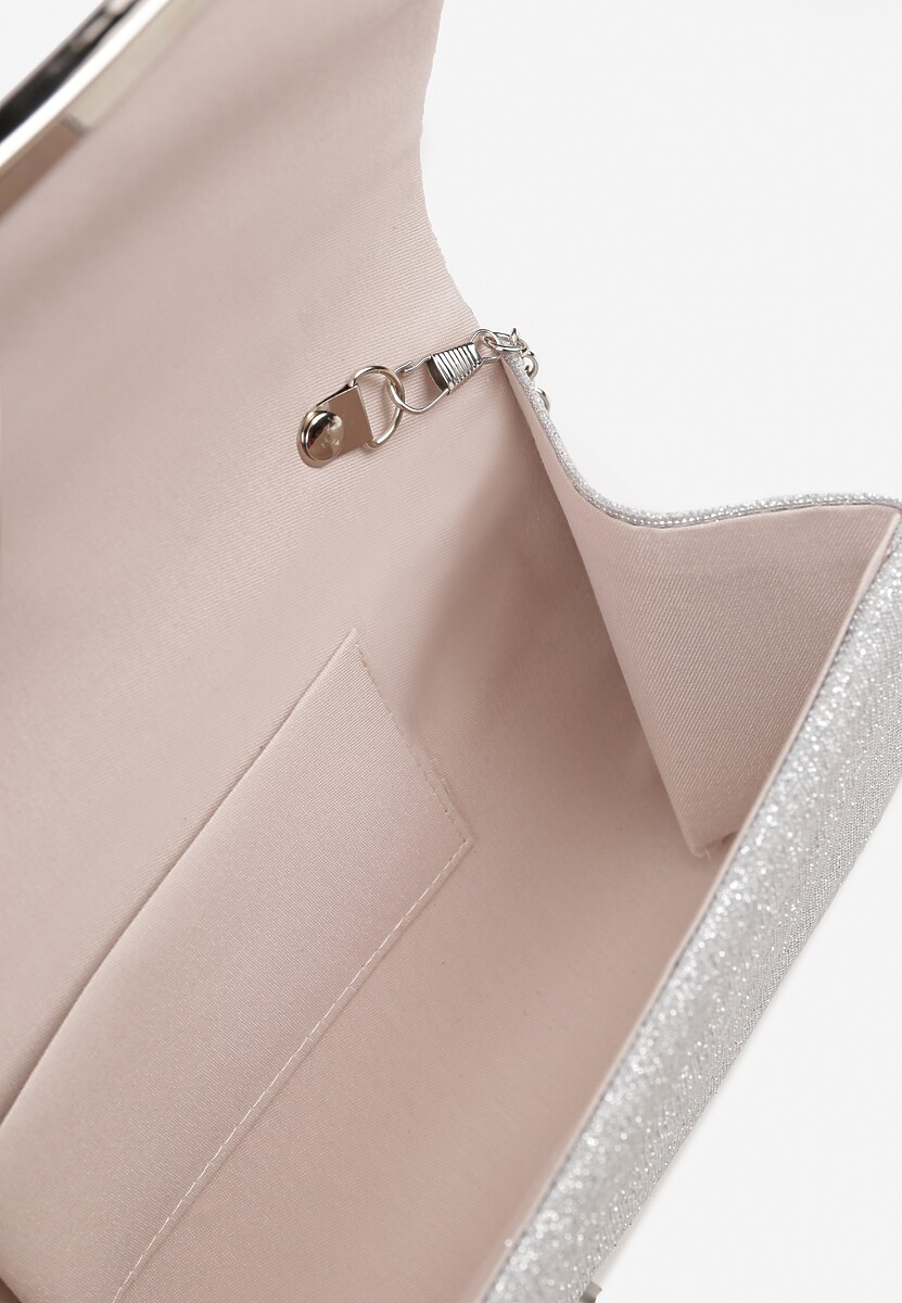 Srebrna Torebka Kopertówka z Łańcuszkiem Aplikacją i Metalicznymi Przeszyciami Fonitie