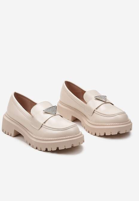 Beżowe Mokasyny z Ekoskóry na Grubej Podeszwie z Klamrą z Cyrkoniami Azzelia
