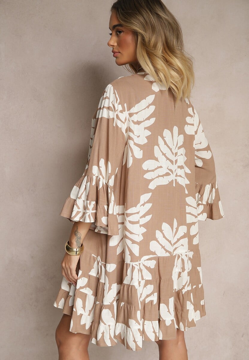 Ciemnobeżowa Koszulowa Sukienka z Wiskozy z Falbankami w Liściasty Wzór Ridiella