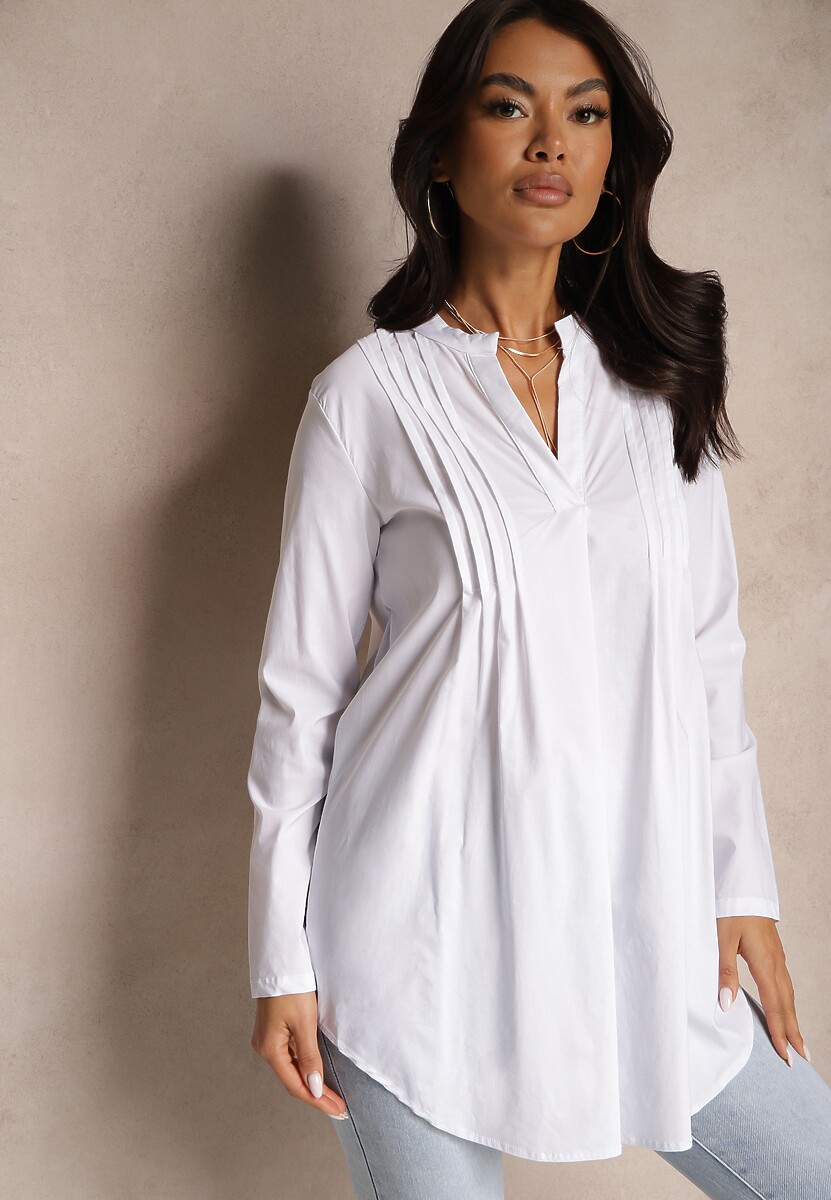 Biała Wiskozowa Bluzka z Regulacją przy Rękawach i Marszczeniem Nonaniel