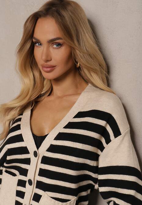 Jasnobeżowy Zapinany Kardigan w Paski z Wiskozowej Dzianiny Filaria