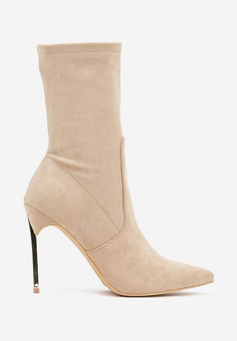 Beżowe Botki na Szpilce Ozdobione Metaliczną Wstawką Amiltia