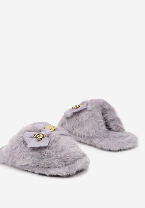 Szare Kapcie z Futerkiem Zdobione Kokardą z Metalowymi Aplikacjami Filora