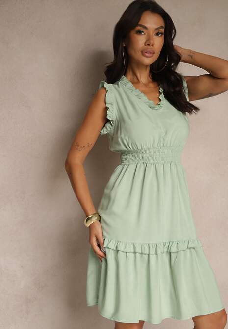 Jasnozielona Rozkloszowana Sukienka z Wiskozą Bez Rękawów Lirabellae