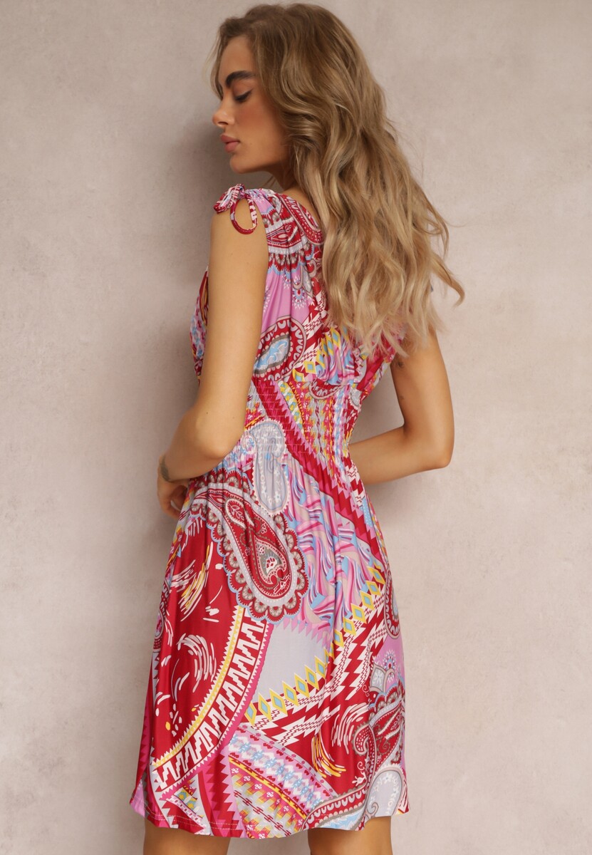 Czerwona Sukienka Mini z Cienkimi Gumkami w Pasie i Ściągaczem na Ramionach Kixele