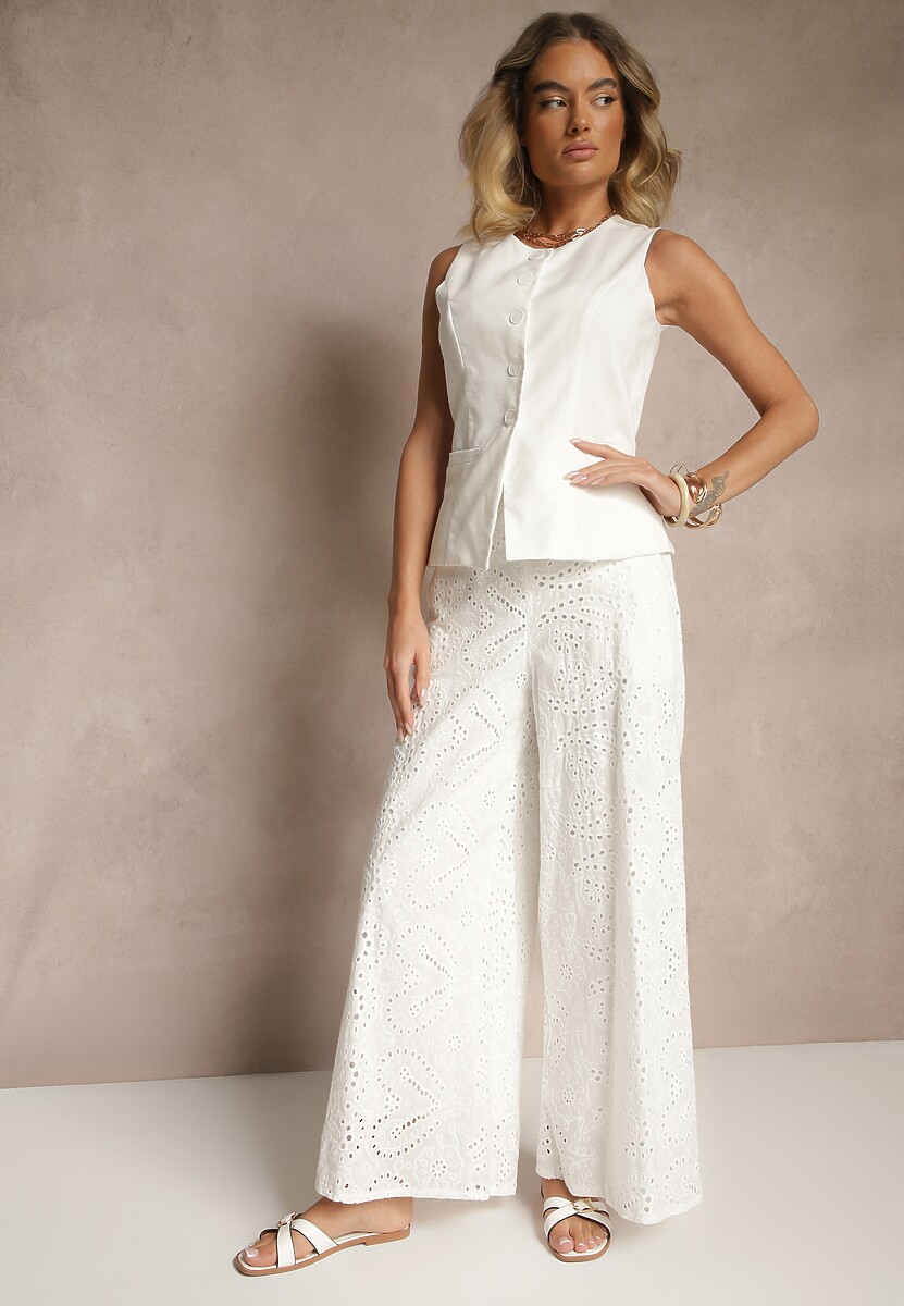 Białe Ażurowe Spodnie z Bawełny High Waist o Szerokim Kroju Evinassa
