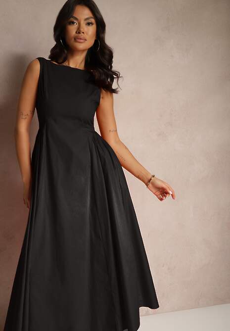 Czarna Rozkloszowana Sukienka Koktajlowa z Bawełny z Dekoltem Łódką i Kieszeniami Fanilra