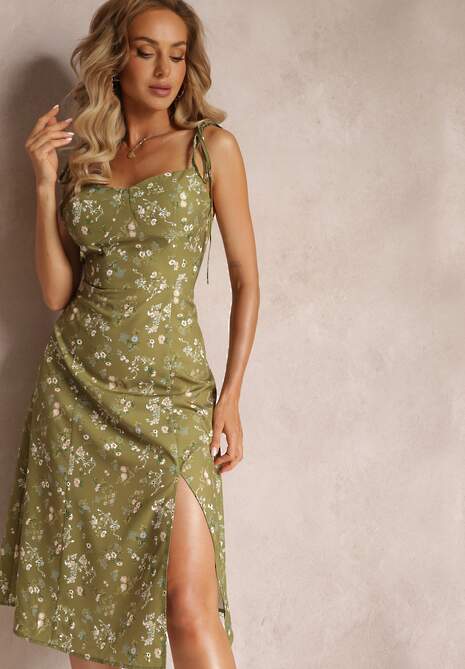 Zielona Rozkloszowana Sukienka Midi na Wiązanych Ramiączkach z Głębokim Dekoltem Ratama