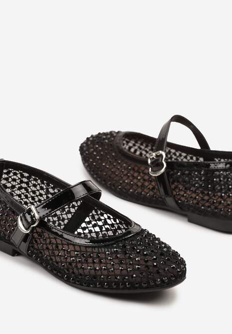 Czarne Balerinki z Siateczkową Cholewką z Cyrkoniami Adislena
