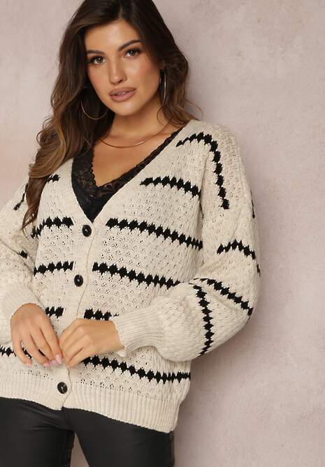 Jasnobeżowy Kardigan Zapinany w Paski Oullas