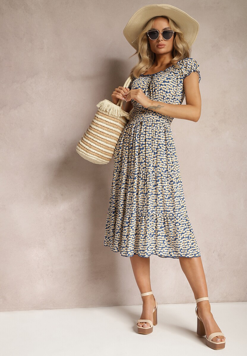 Niebiesko-Żółta Rozkloszowana Sukienka z Wiskozy Midi z Guzikami Firla
