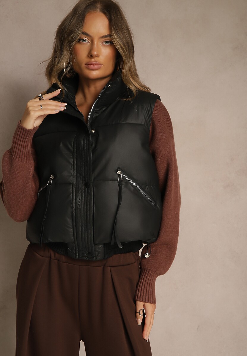 Czarna Przejściowa Kamizelka z Imitacji Skóry z Pikowanymi Przeszyciami Isomena