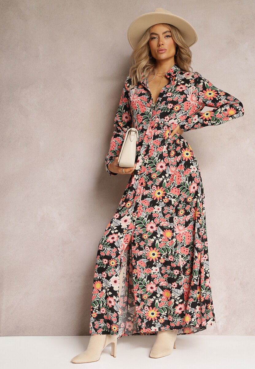 Czarno-Czerwona Koszulowa Sukienka Maxi z Podpinanymi Rękawami w Kwiatowy Wzór c