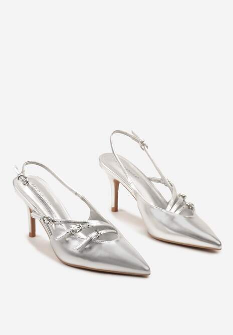 Srebrne Sandały na Cienkiej Szpilce z Imitacji Skóry z Regulowanymi Paskami Vianara