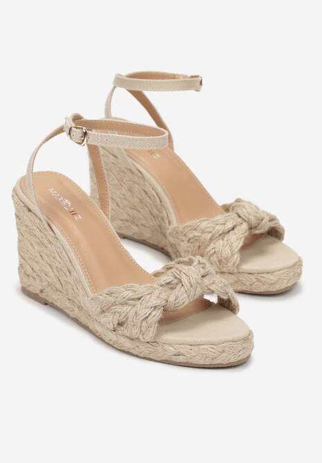 Beżowe Sandały na Koturnie z Plecionki Konzisa