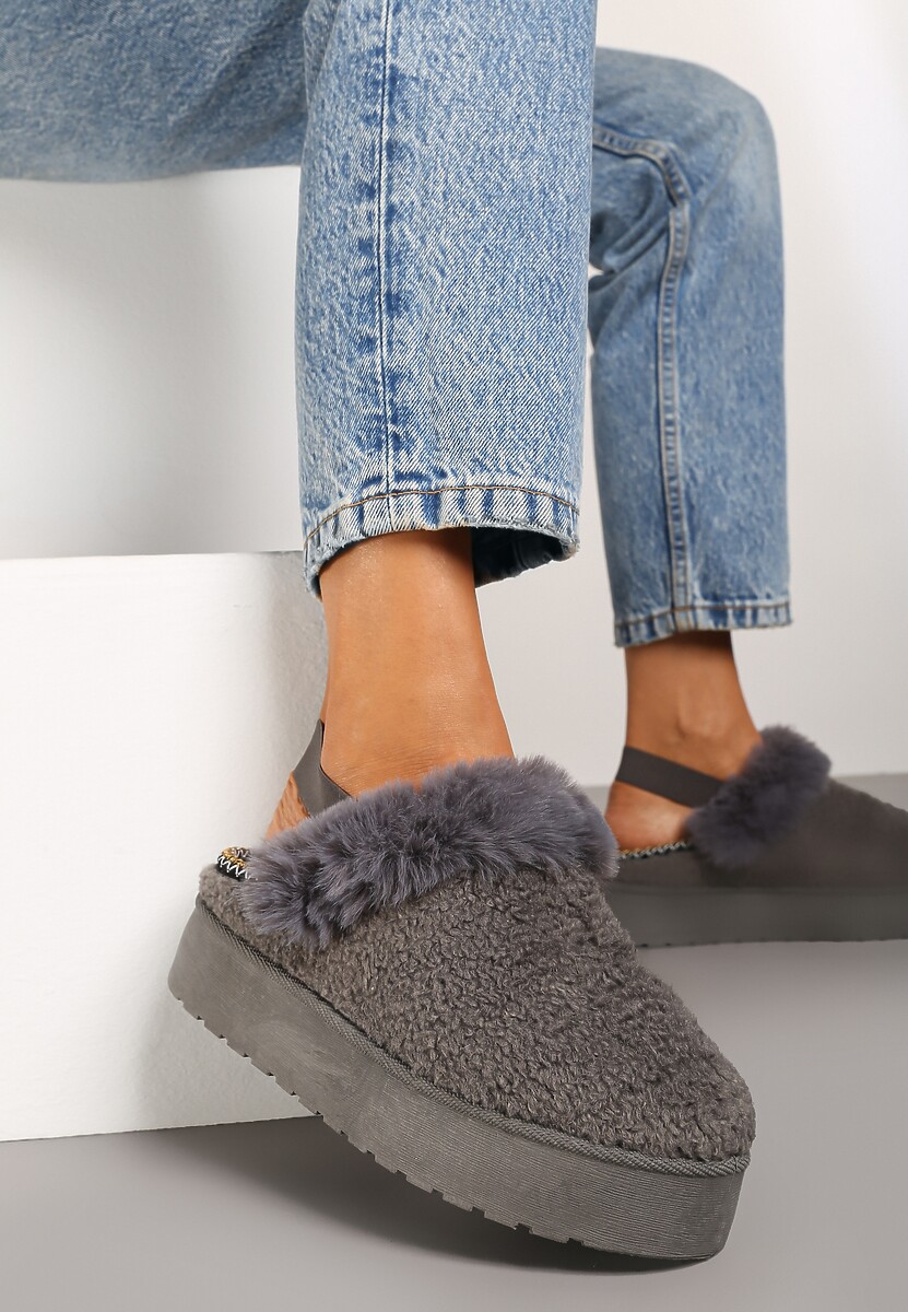 Szare Futerkowe Śniegowce na Grubej Podeszwie z Gumką na Pięcie Sosena