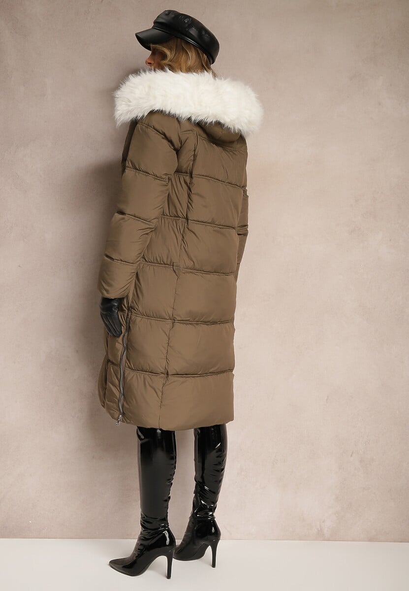 Zielona Khaki Długa Pikowana Kurtka z Kapturem i Odpinanym Futerkiem Edariel