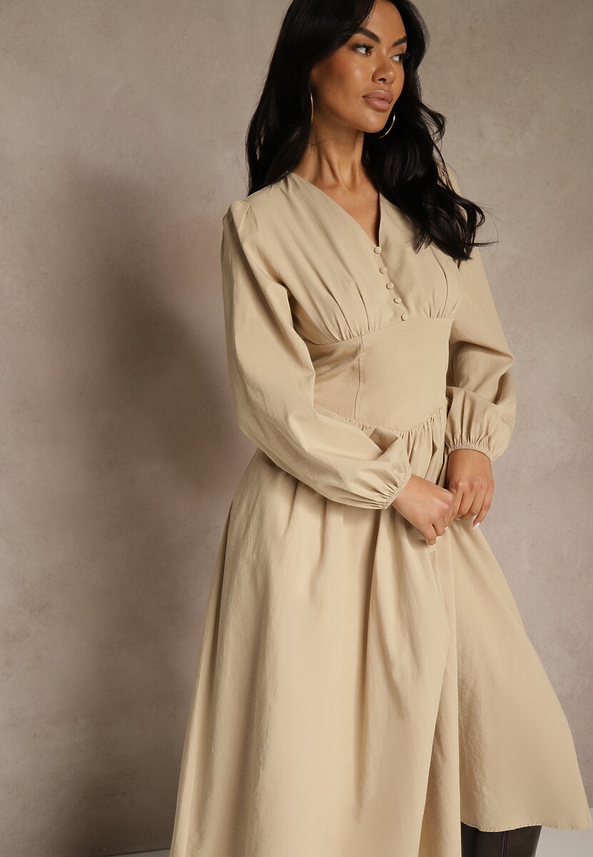 Brązowa Gorsetowa Sukienka z Wiskozą z Guzikami i Bufiastymi Rękawami Ahlite