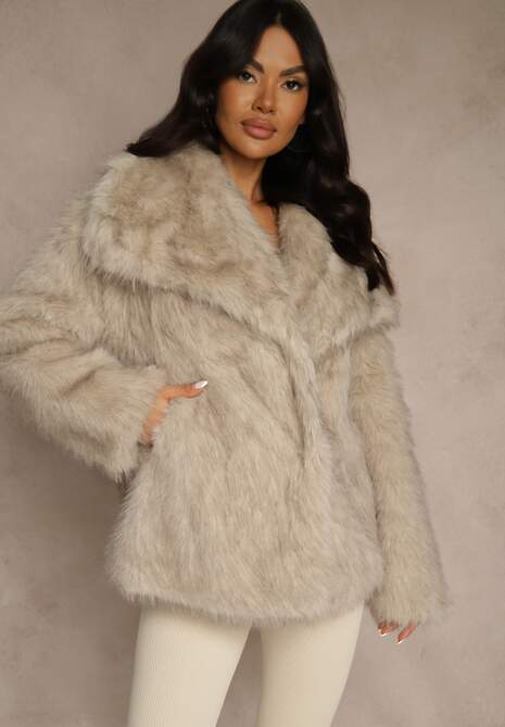 Beżowa Dwurzędowa Kurtka Futerko Oversize Nenalla