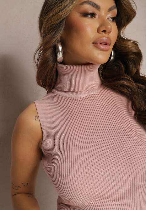 Jasnoróżowa Bluzka z Elastycznego Materiału bez Rękawów z Golfem Merdia