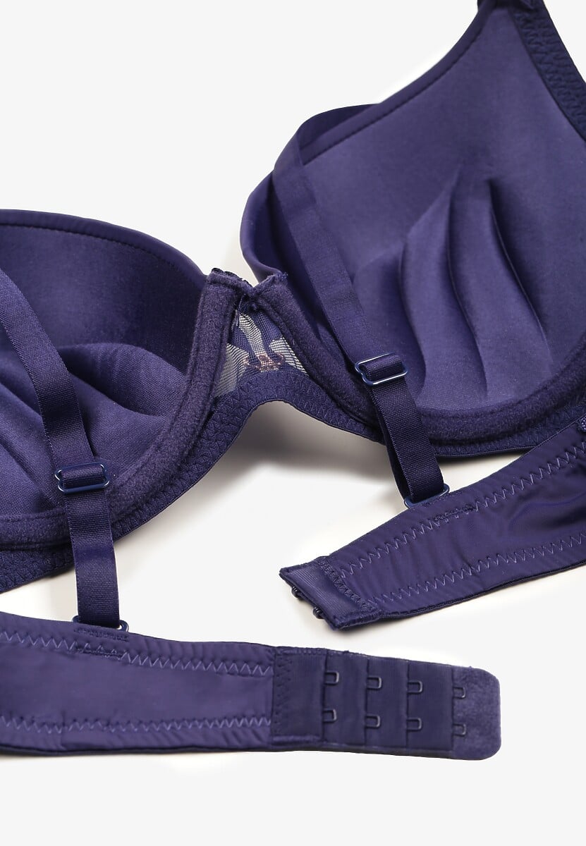 Granatowy Biustonosz z Efektem Push Up i Ozdobną Koronką Emithria