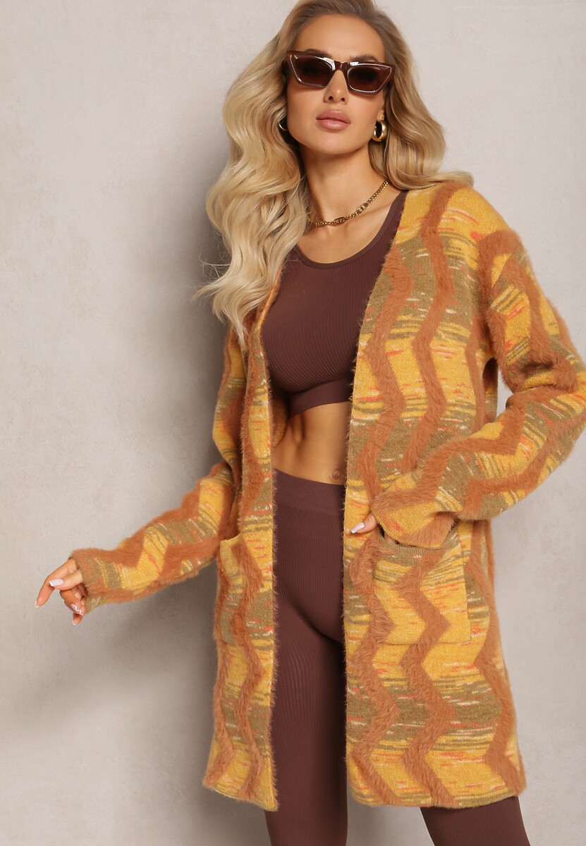 Brązowy Luźny Kardigan Niezapinany w Geometryczny Print Sheshy
