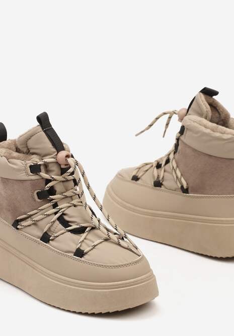 Beżowe Sznurowane Śniegowce Mocno Ocieplane na Platformie Tinnacia