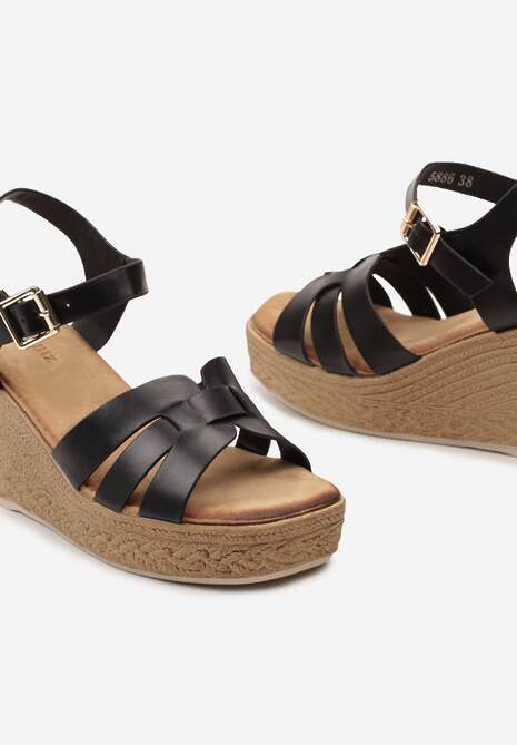 Czarne Sandały na Plecionym Koturnie i Platformie Innoma