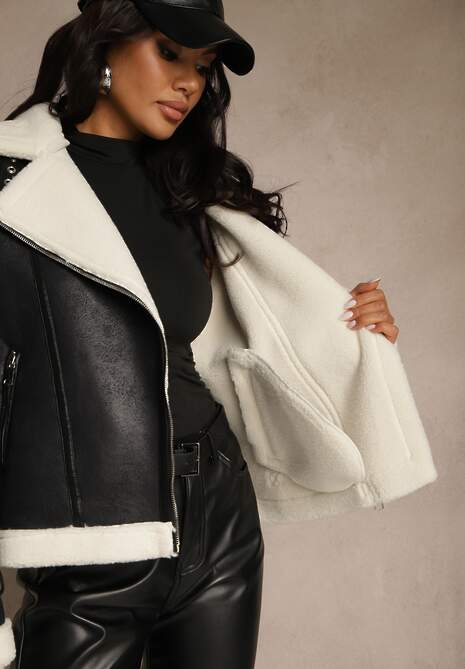 Czarna Kurtka Ramoneska w Stylu Biker z Kożuszkiem i Sprzączkami Mendrie