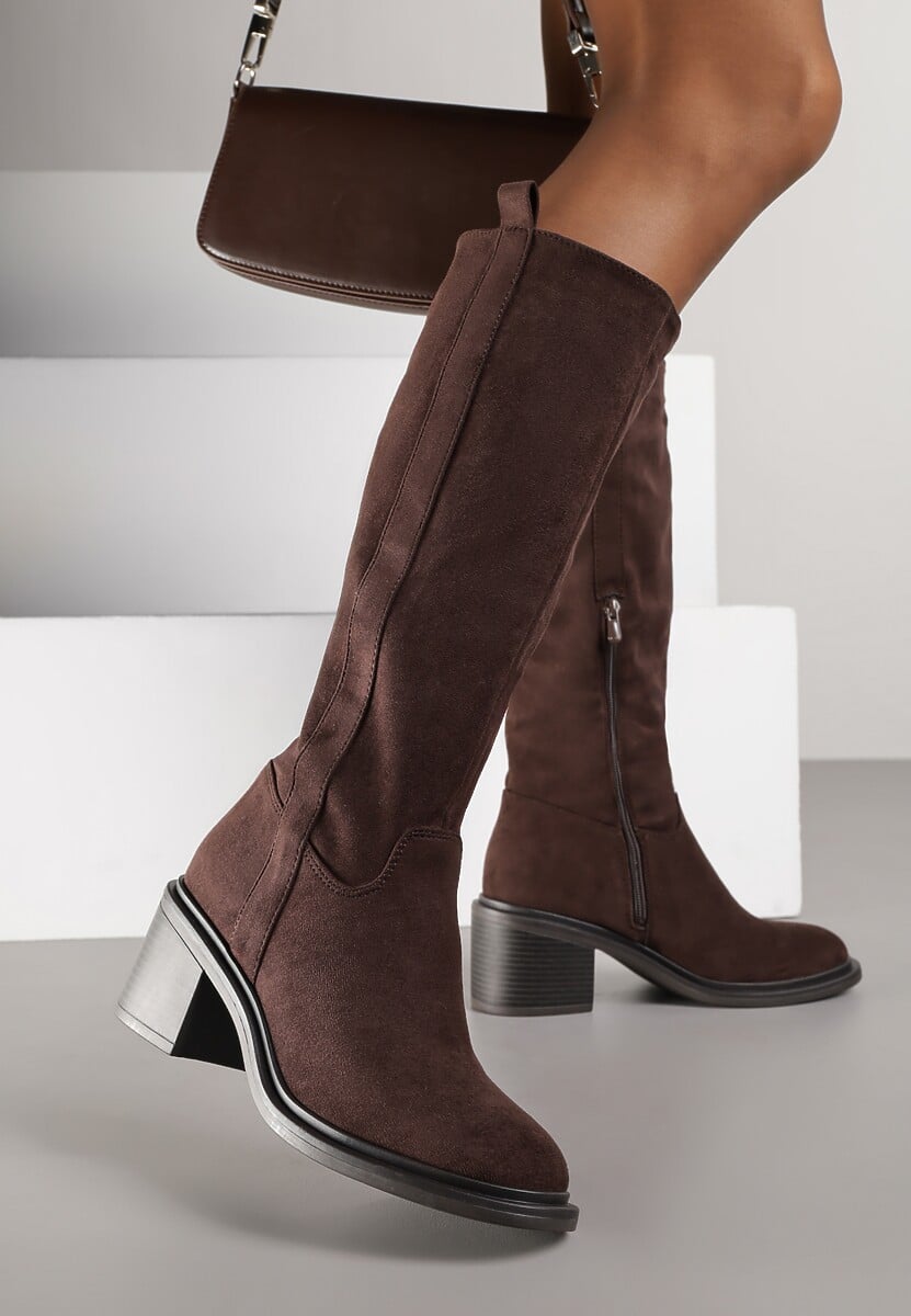 Brązowe Kozaki Oficerki Vices na Obcasie Zdobione Paskami przy Cholewce Giorela