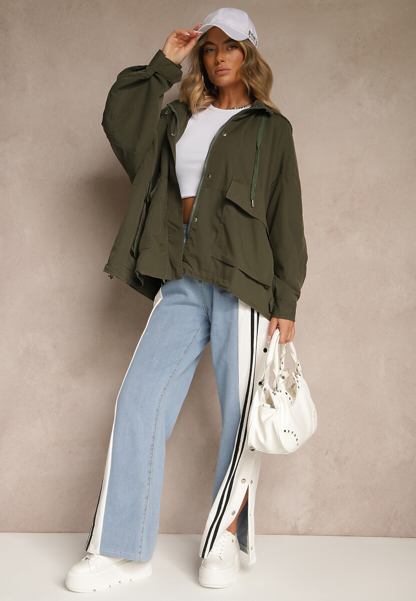 Ciemnozielona Kurtka o Fasonie Oversize z Kapturem Malinessa