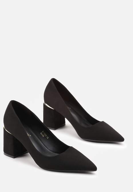 Czarne Czółenka na Słupku z Metalicznym Zdobieniem Hydrani