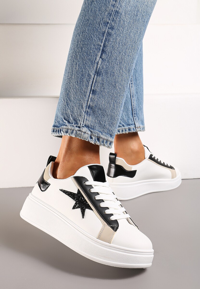 Biało-Czarne Sneakersy na Platformie Ozdobione Gwiazdką z Brokatem Nislemia