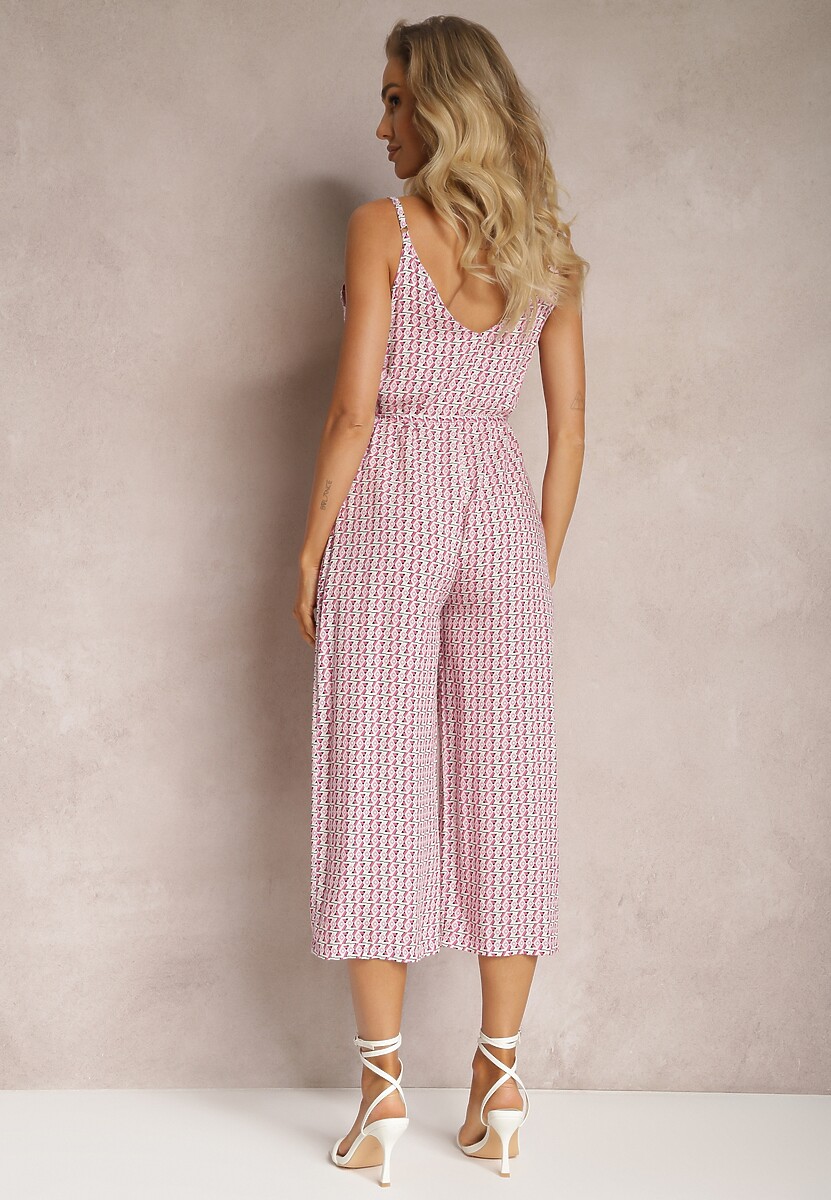 Jasnoróżowy Kombinezon o Długości 3/4 z Paskiem w Geometryczny Wzór Ventoria