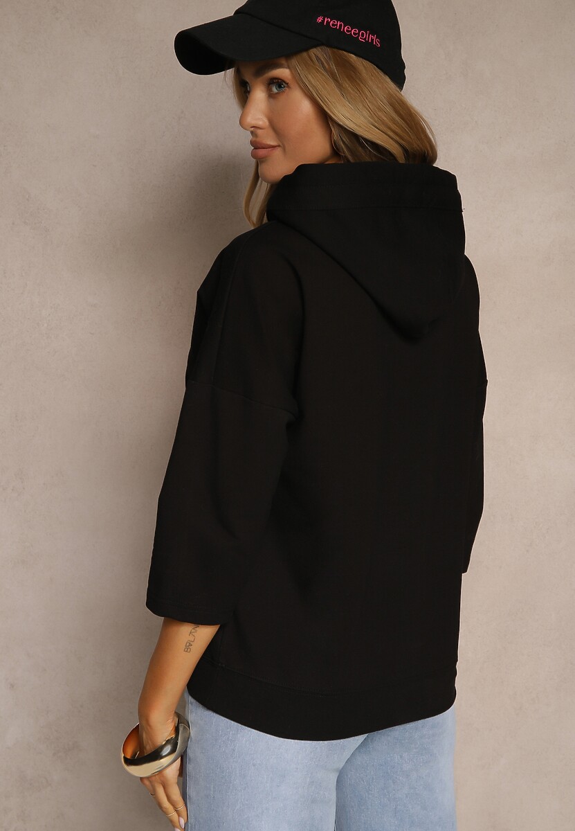 Czarna Bluza z Kapturem Ozdobnym Nadrukiem i Rękawami 3/4 Saniressa