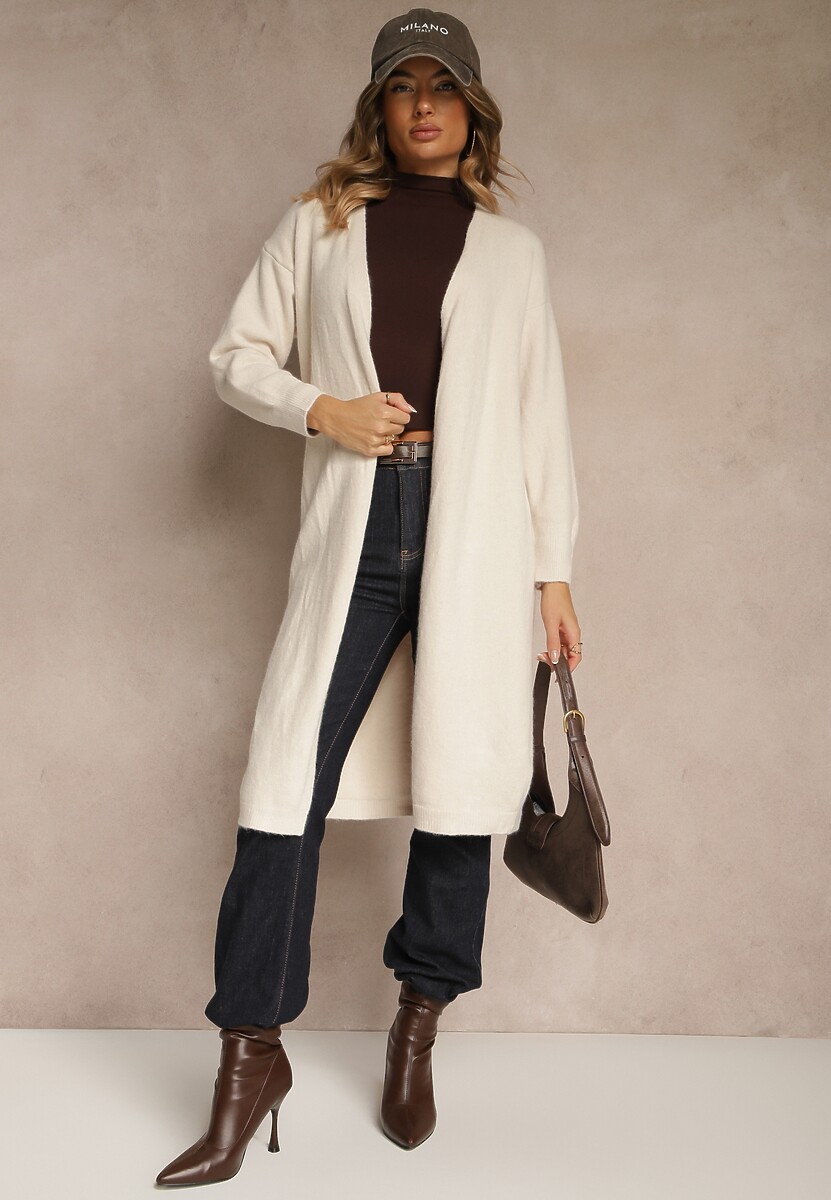 Biały Niezapinany Casualowy Kardigan z Wełną o Długim Kroju Zozita
