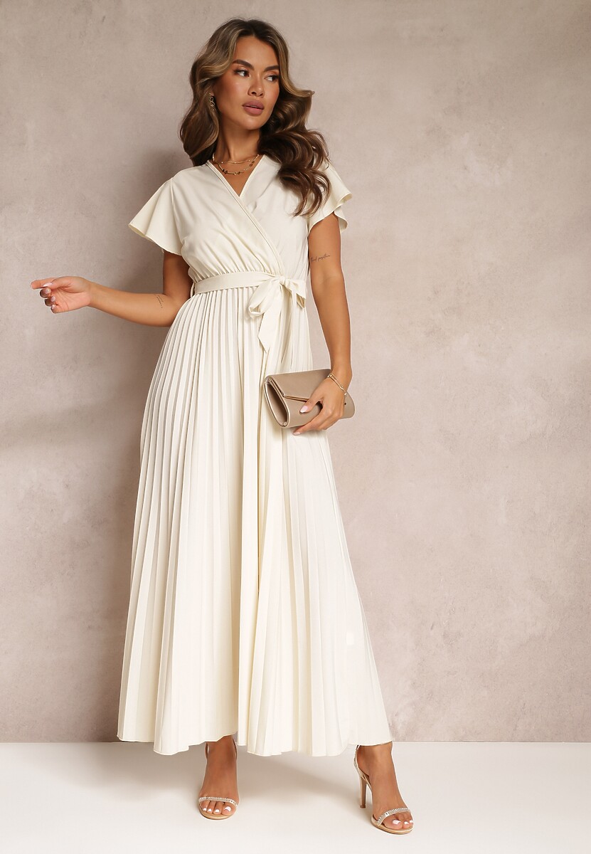 Jasnobeżowa Koktajlowa Maxi Sukienka Ozdobiona Plisami z Trójkątnym Dekoltem i Wiązaniem w Talii Phoelia