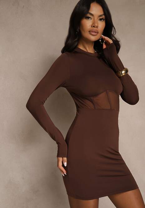 Brązowa Sukienka Vices Bodycon z Transparentną Wstawką Typu Gorset Necotte