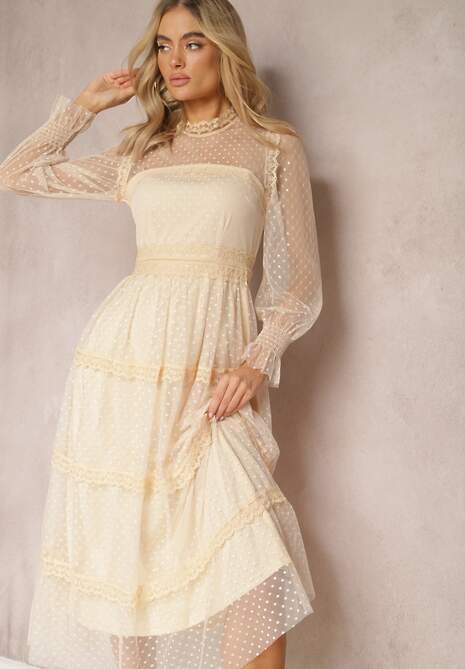 Beżowa Koronkowa Sukienka Rozkloszowana z Falbanką Faberlla