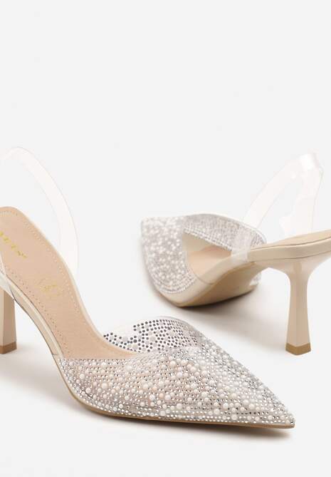 Beżowe Sandały Vices na Szpilce Slingback ze Skórzaną Wkładką i Cyrkoniami Ovifa