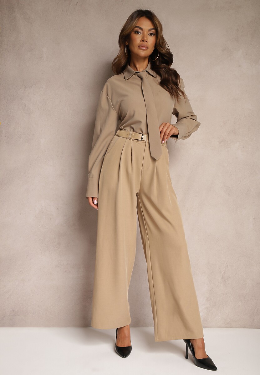 Beżowe Szerokie Garniturowe Spodnie Ozdobione Paskiem Veriette