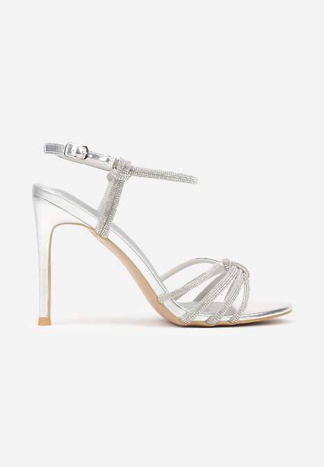 Srebrne Sandały na Szpilce z Przeplatanymi Paskami z Cyrkoniami Lunafera