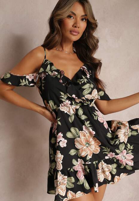 Czarna Rozkloszowana Sukienka w Kwiaty z Falbanami Nonare