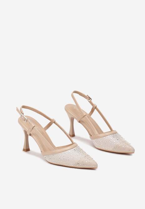 Beżowe Czółenka na Obcasie z Odkrytą Piętą Zdobione Cyrkoniami Jenamia