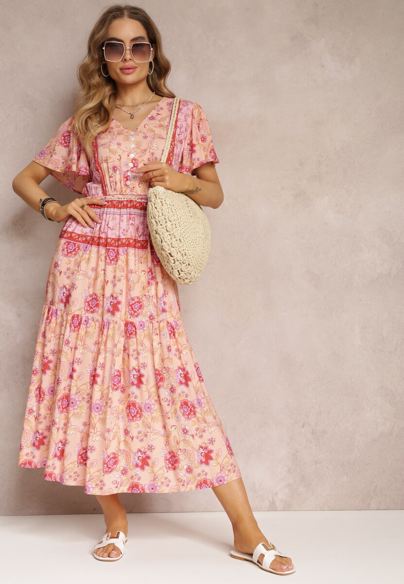 Żółta Kwiecista Sukienka Midi z Gumką w Pasie i Falbanką przy Rękawach Hachitane