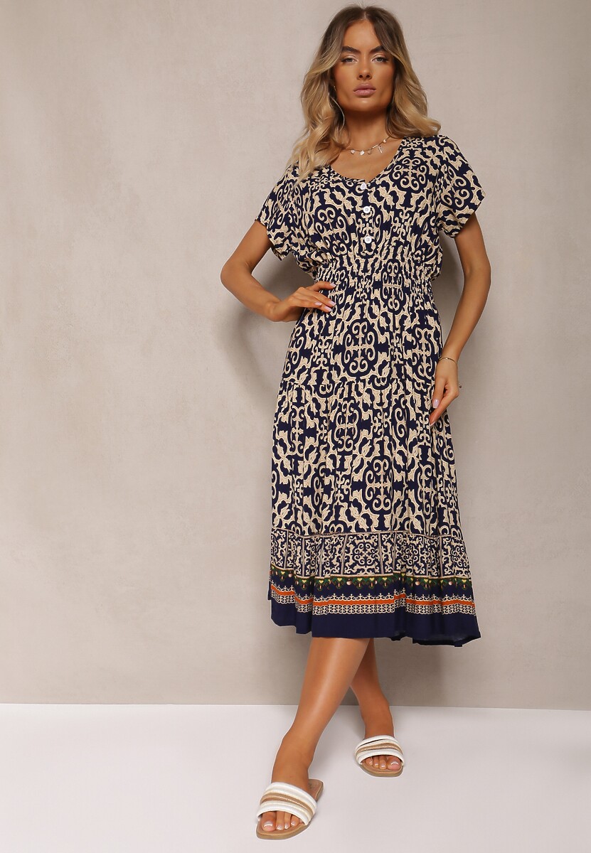 Granatowa  Sukienka z Bawełny z Trójkątnym Dekoltem i Gumką w Talii Zapinana na Guziki Lavlea