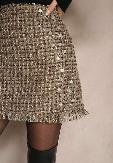 Zielono-Złota Trapezowa Spódnica z Wełną w Cekiny Hesaltia